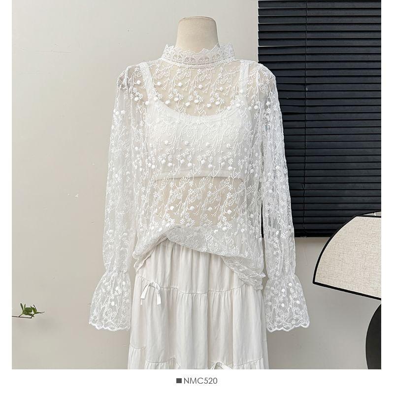 Embroidery Stand-Collar Sheer Lace Top Product Image