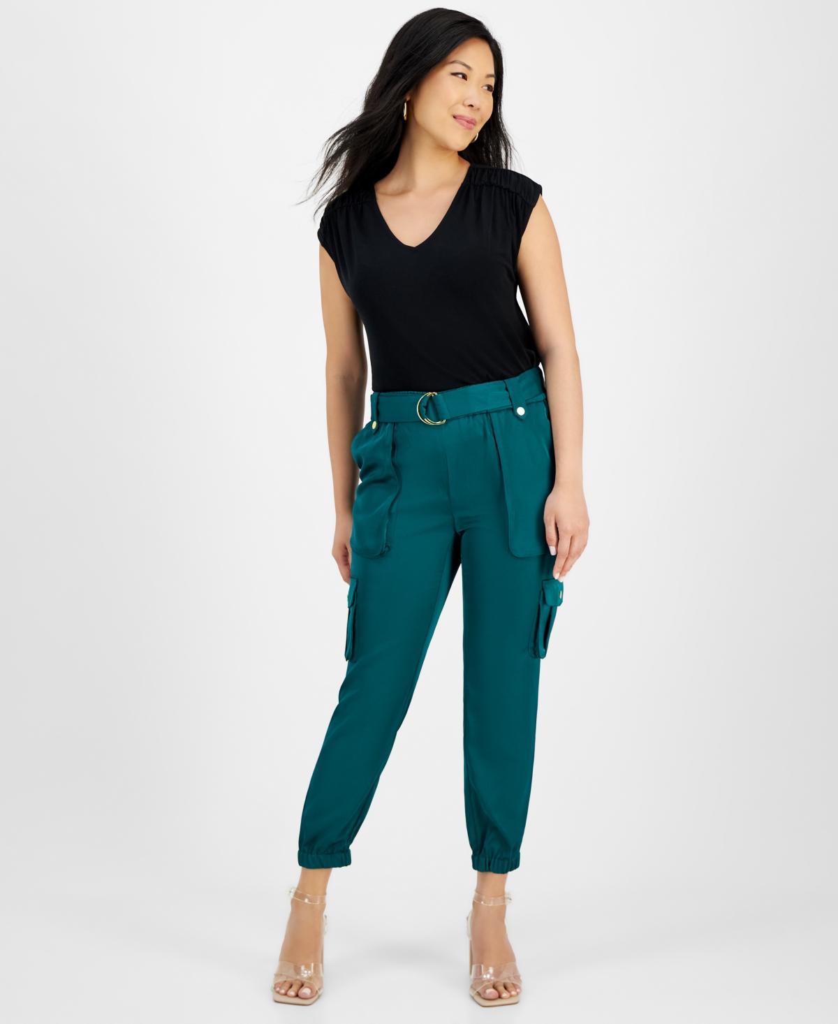 I.n.c. International Concepts Womens High-Rise Belted Satin Cargo Pants, Regular & Petite, Created for Macys Product Image