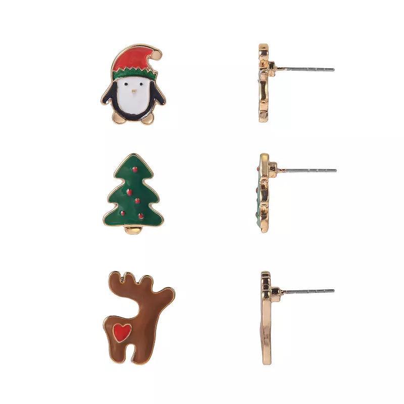 Celebrate Together Gold Tone Enamel Penguin, Christmas Tree and Reindeer Trio Earrings Set, Womens, Multi Product Image