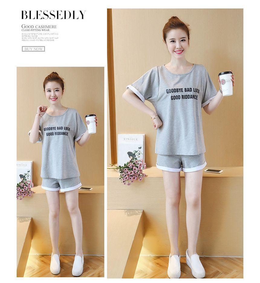 Maternity Set: Short-Sleeve Lettering T-Shirt + Mid Rise Plain Shorts Product Image