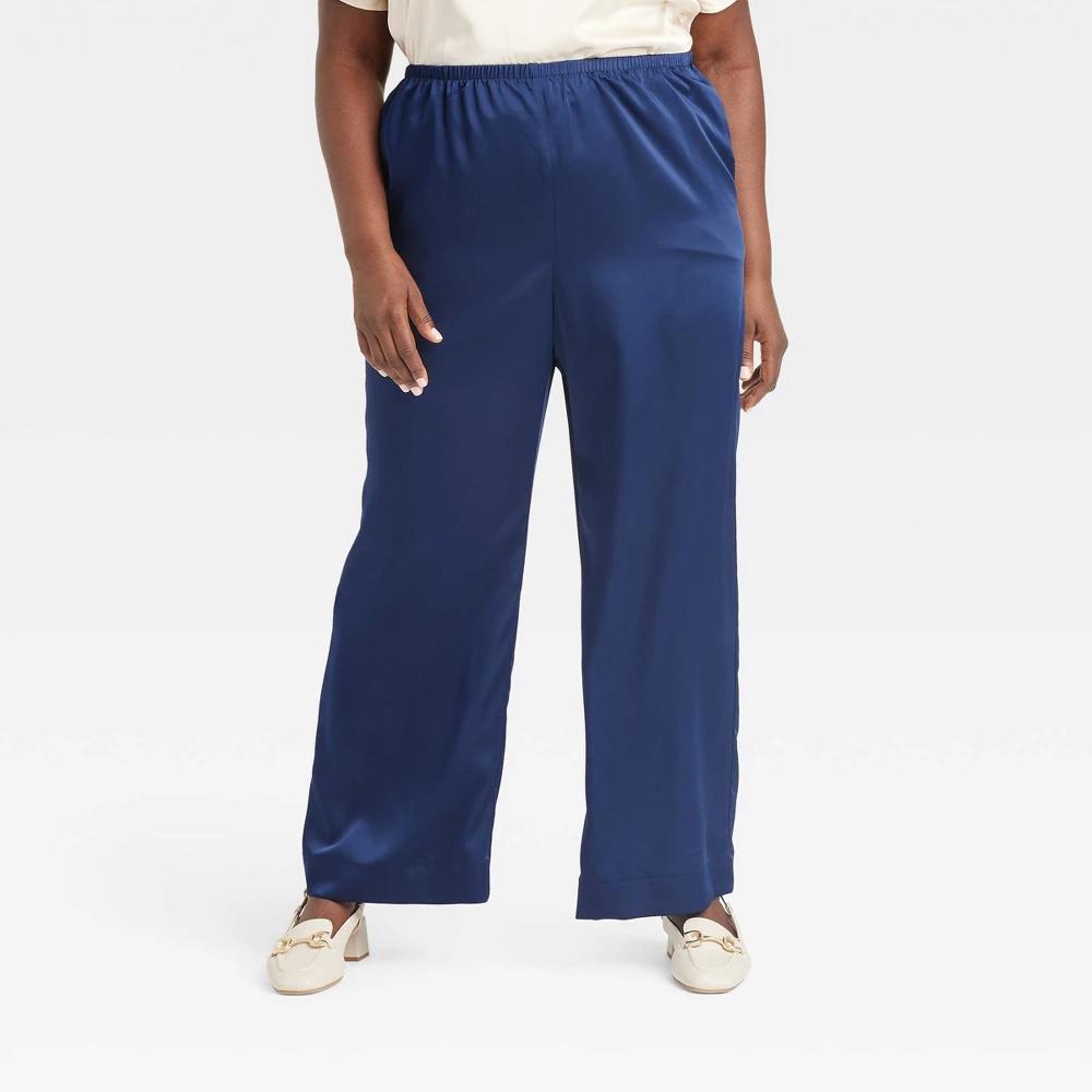 Womens Mid-Rise Satin Pull-On Pants - A New Day Navy 1X Long Product Image