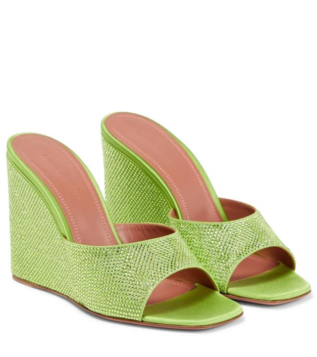 AMINA MUADDI Lupita Crystal-embellished Satin Wedge Sandals In Green Product Image