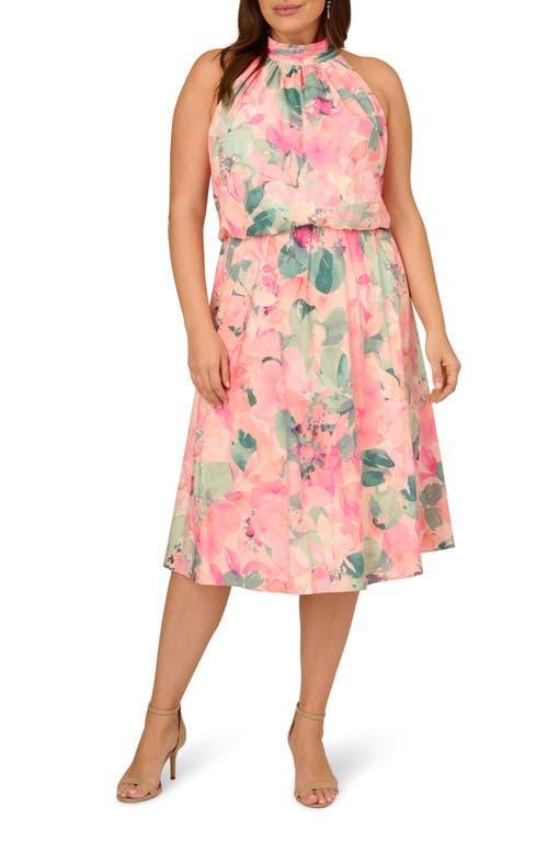 Adrianna Papell Floral Mock Neck Chiffon Cocktail Midi Dress Product Image