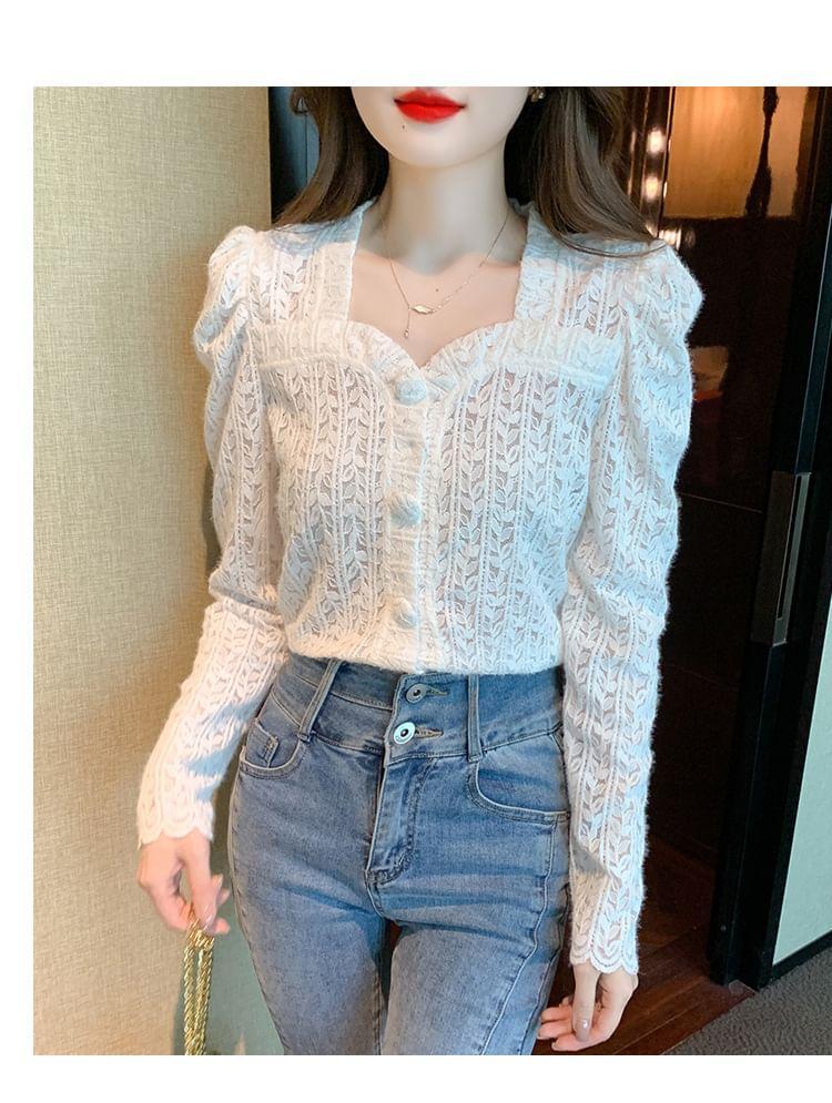 Long-Sleeve V-Neck Button Up Floral Knit Top Product Image