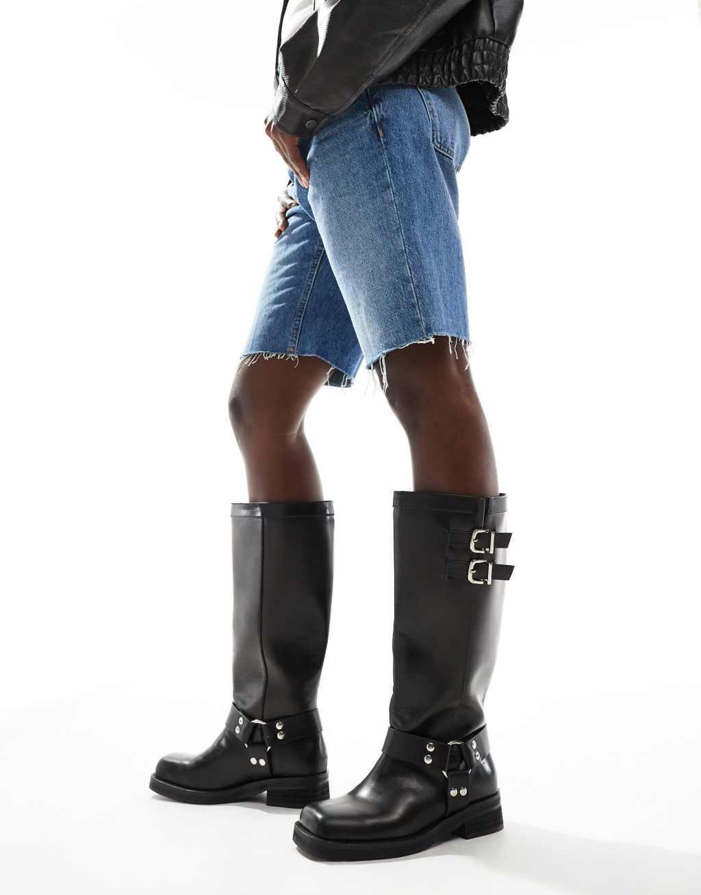 Public Desire Sirus Wide Fit flat harness knee boots in black Product Image