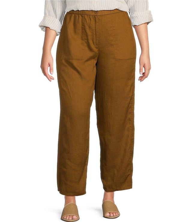 Eileen Fisher Plus Size Organic Linen Relaxed Wide-Leg Elastic Waist Pocketed Ankle Pants Product Image