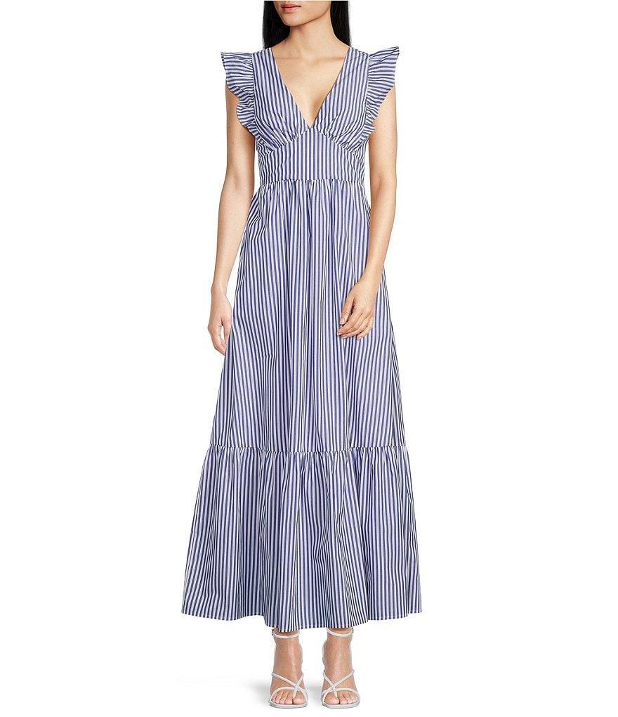 Skies Are Blue Stripe Plunging V-Neck Self Tie Back Detail Ruffle Cap Sleeve Empire Waist A-Line Maxi Dress Product Image