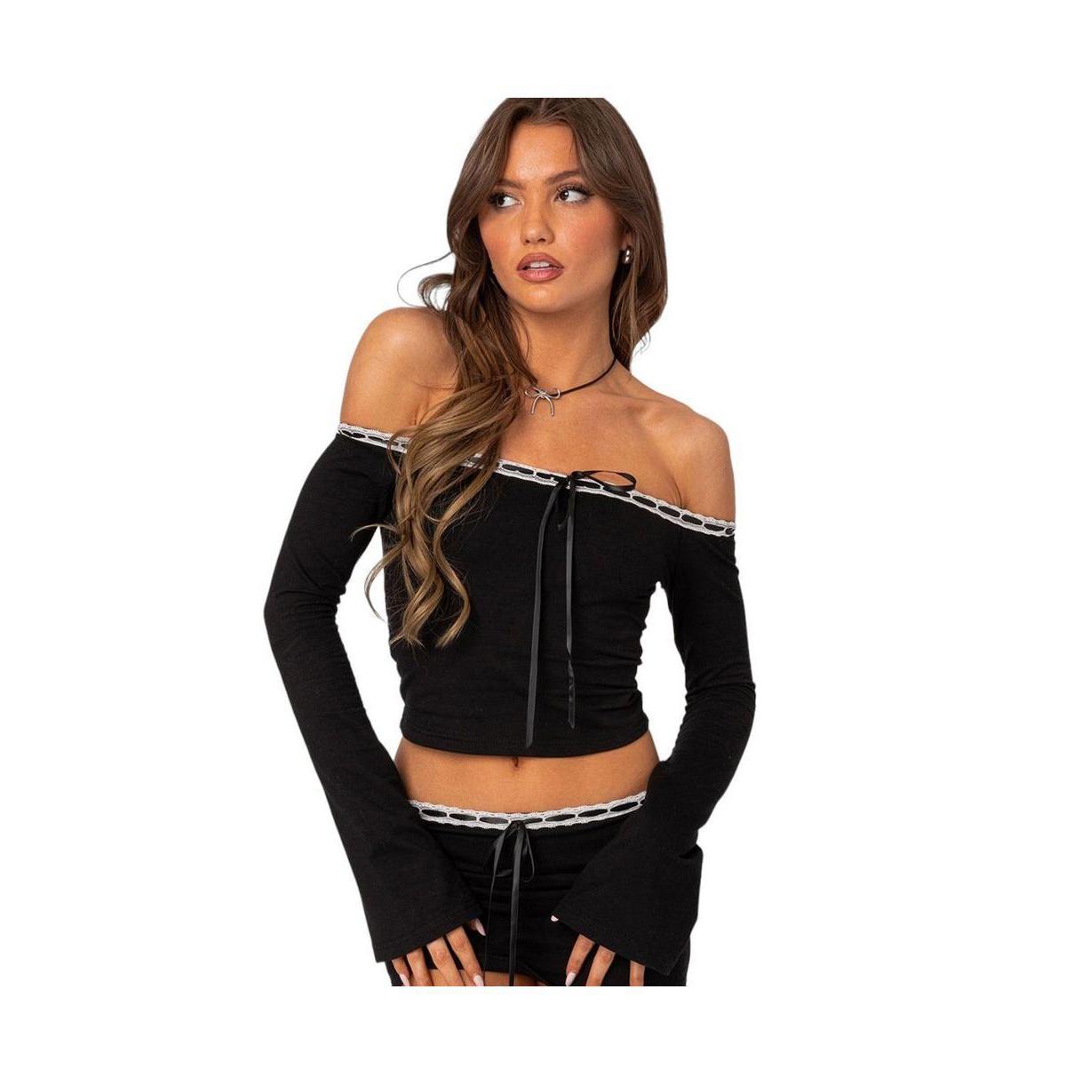 EDIKTED Seline Ribbon Trim Off the Shoulder Crop Top Product Image