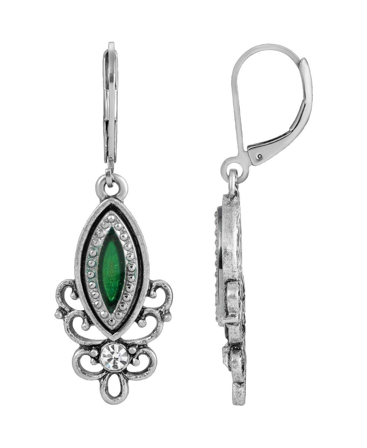 1928 Silver Tone Green Filigree Drop Earring, Womens Product Image