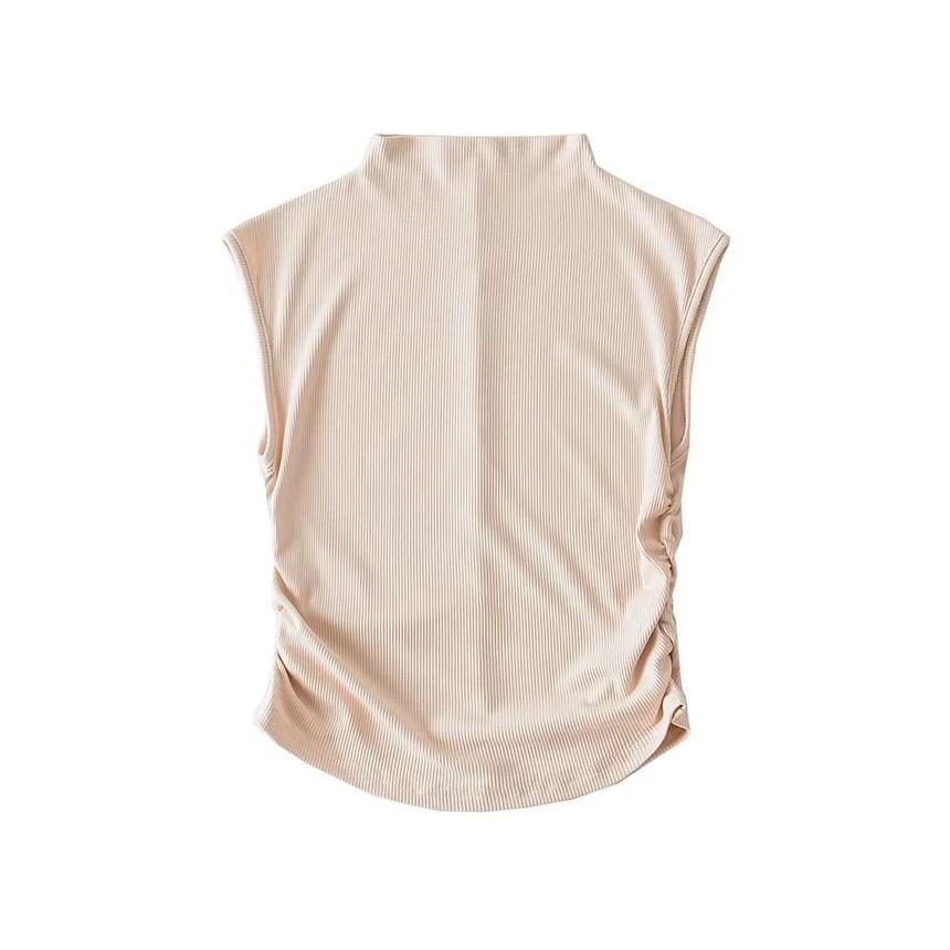 Sleeveless Mock-Neck Ruched Plain Crop Top Product Image