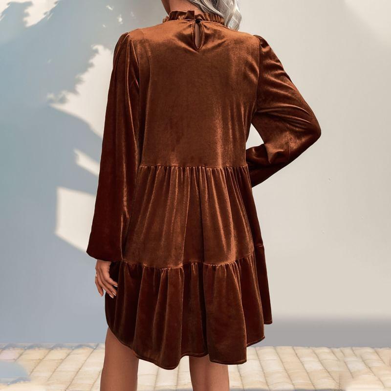 Long Sleeve Mock Neck Plain Velvet Velvet Mini A-Line Dress Product Image