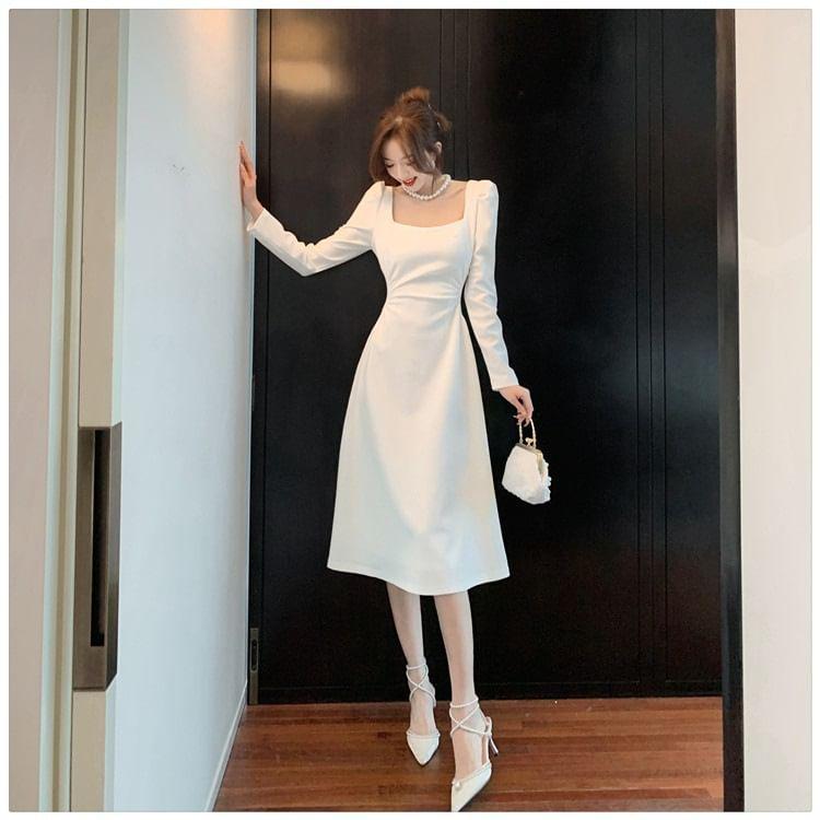 Long Sleeve Square Neck Plain Midi Dress Product Image