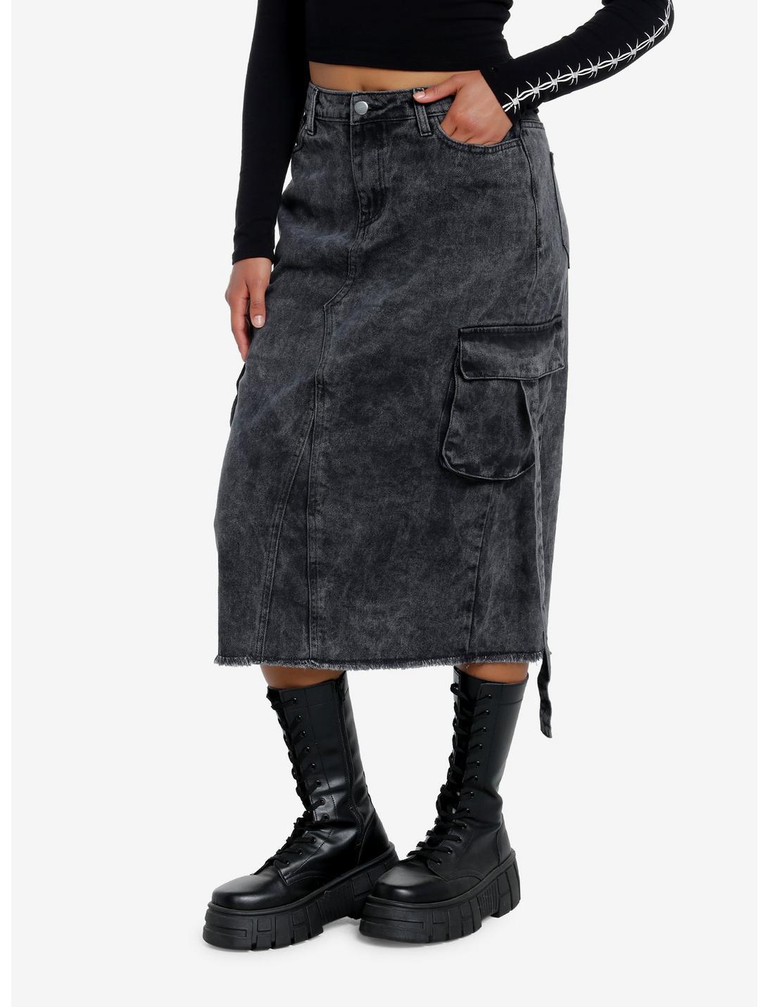 Black Acid Wash Cargo Denim Maxi Skirt Product Image