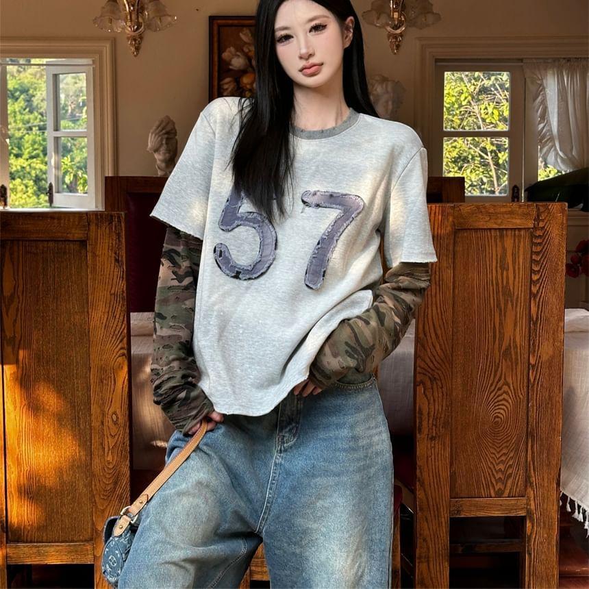 Long Sleeve Mock Two Piece Camouflage Panel Numbering Applique Loose-Fit Tee Product Image