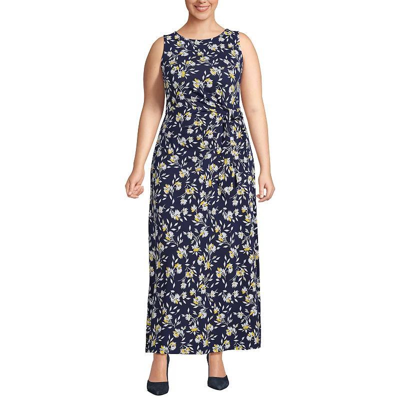 Plus Size Lands End Sleeveless Tie Waist Maxi Dress, Womens Deep Blue Floral Product Image