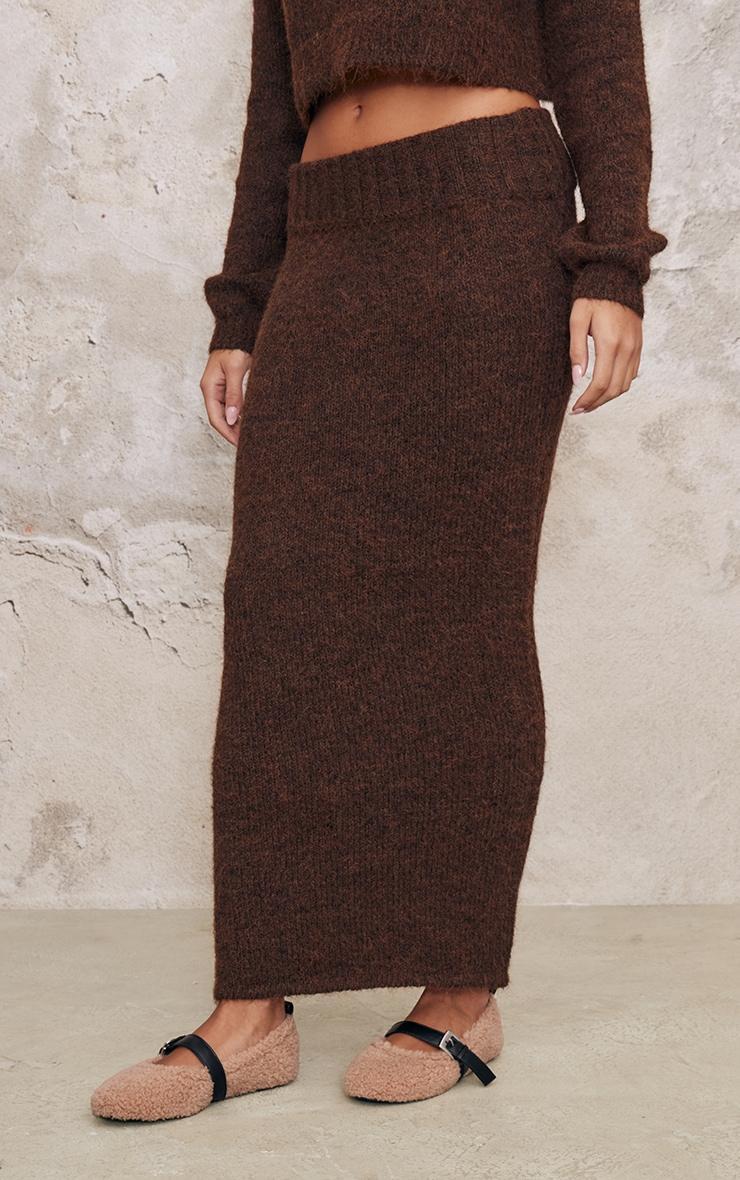 Chocolate Marl Knit Foldover Maxi Skirt Product Image