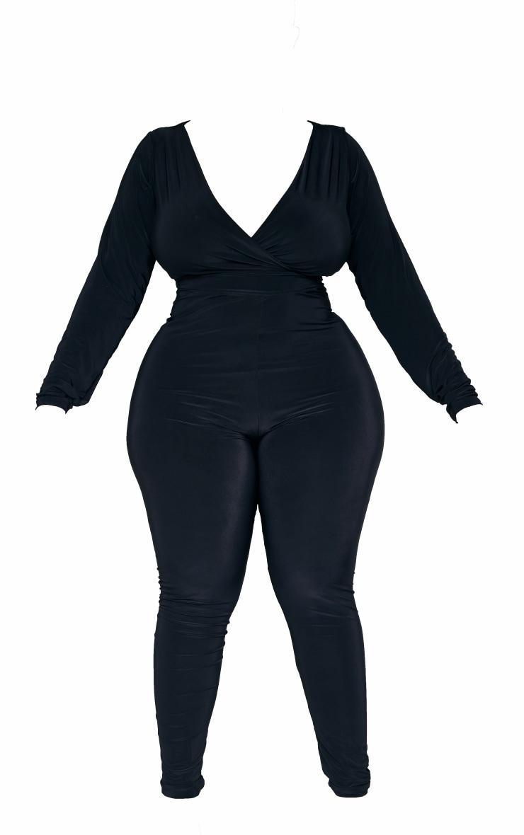 Plus Black Wrap Front Long Sleeve Catsuit Product Image