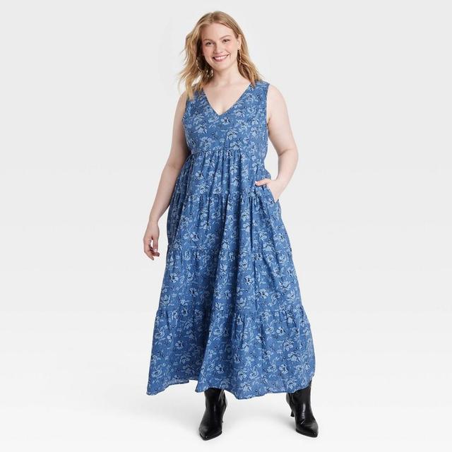 Womens Tiered Maxi A-Line Dress - Universal Thread Blue Floral XXL Product Image