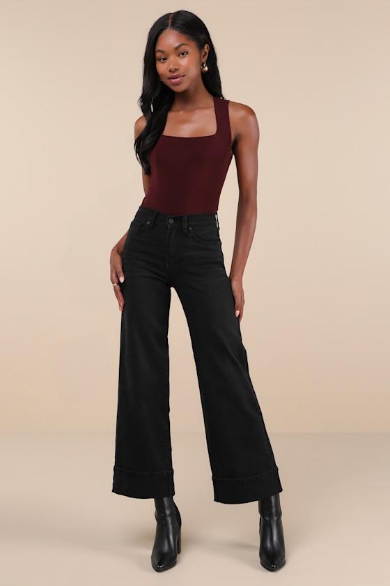 Palazzo Washed Black Denim Cuffed High Rise Wide-Leg Jeans Product Image