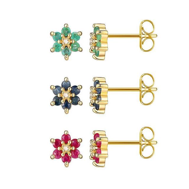 18k Gold Over Silver Ruby, Sapphire, Emerald & Diamond Accent Flower Stud Earring Trio Set, Womens, Multicolor Product Image