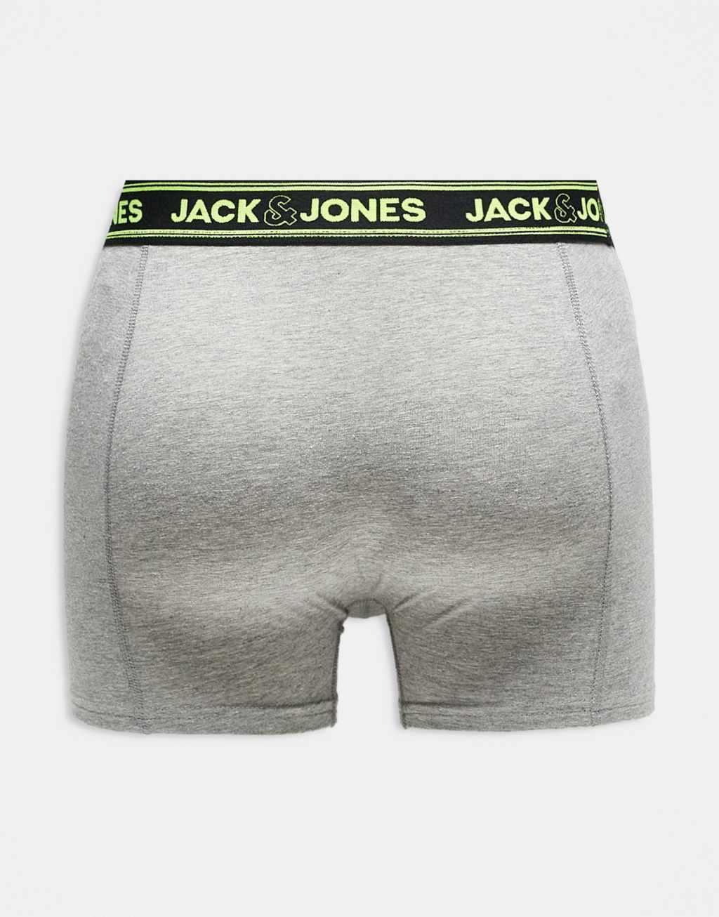 Jack & Jones 3 pack boxer briefs with neon waistband in black & gray  Product Image