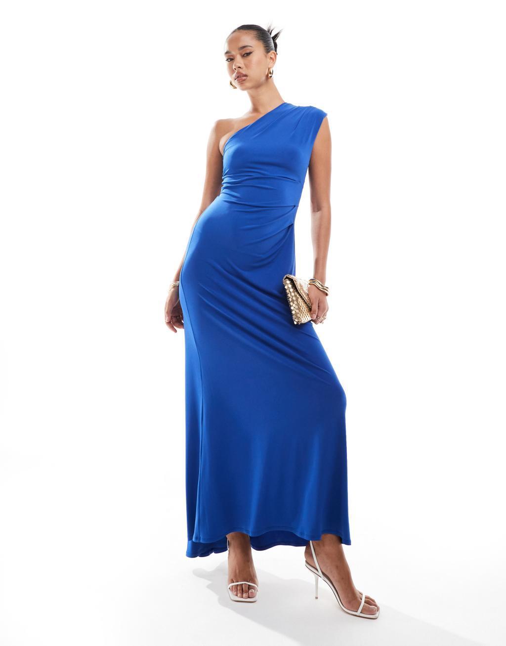 Flounce London one shoulder jersey maxi dress with fishtail skirt in cobalt Product Image