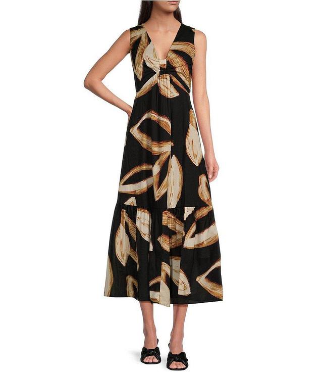 DKNY Printed V Neckline Sleeveless Knot Front Maxi Dress Product Image