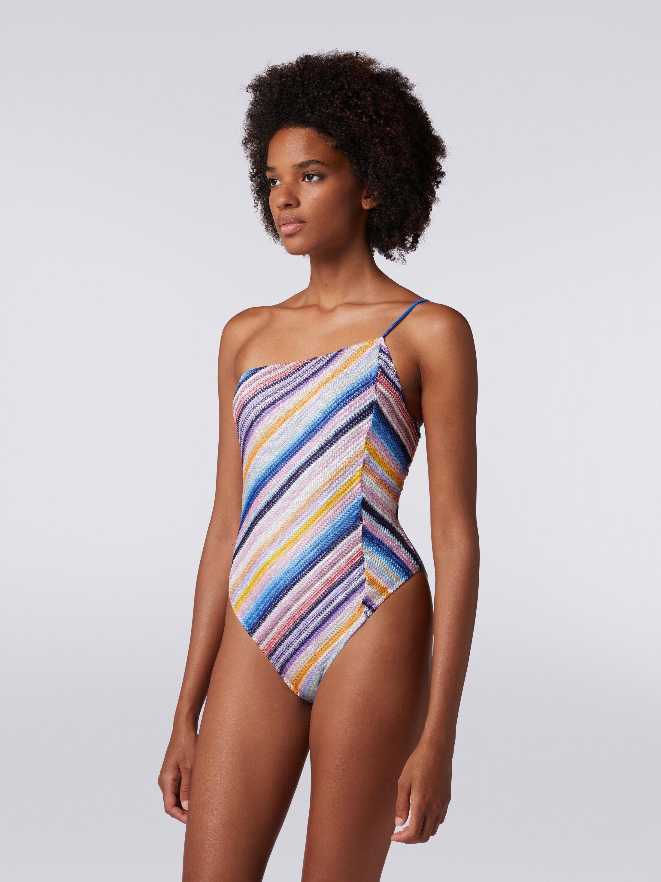 One-shoulder one-piece swimming costume in striped crochet Product Image