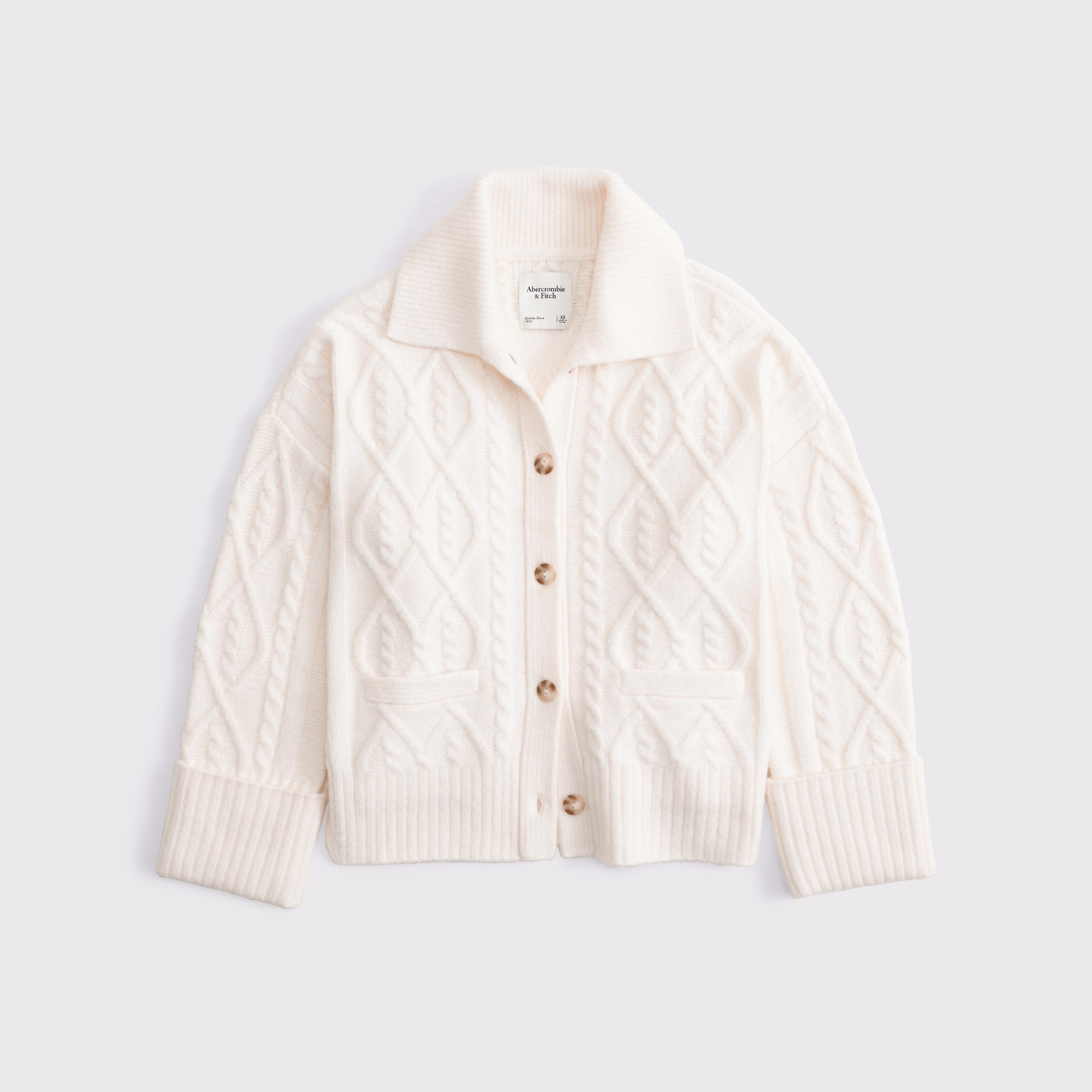 Cable-Knit Collared Cardigan Product Image