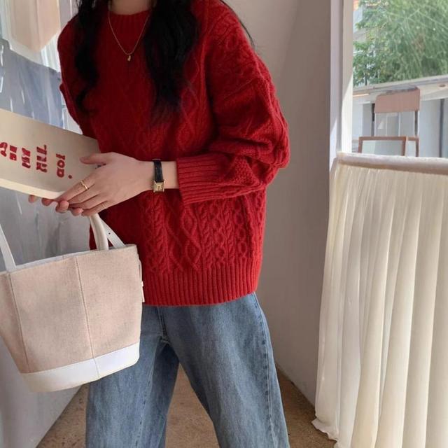 Crew Neck Plain Cable-Knit Oversized Sweater Product Image