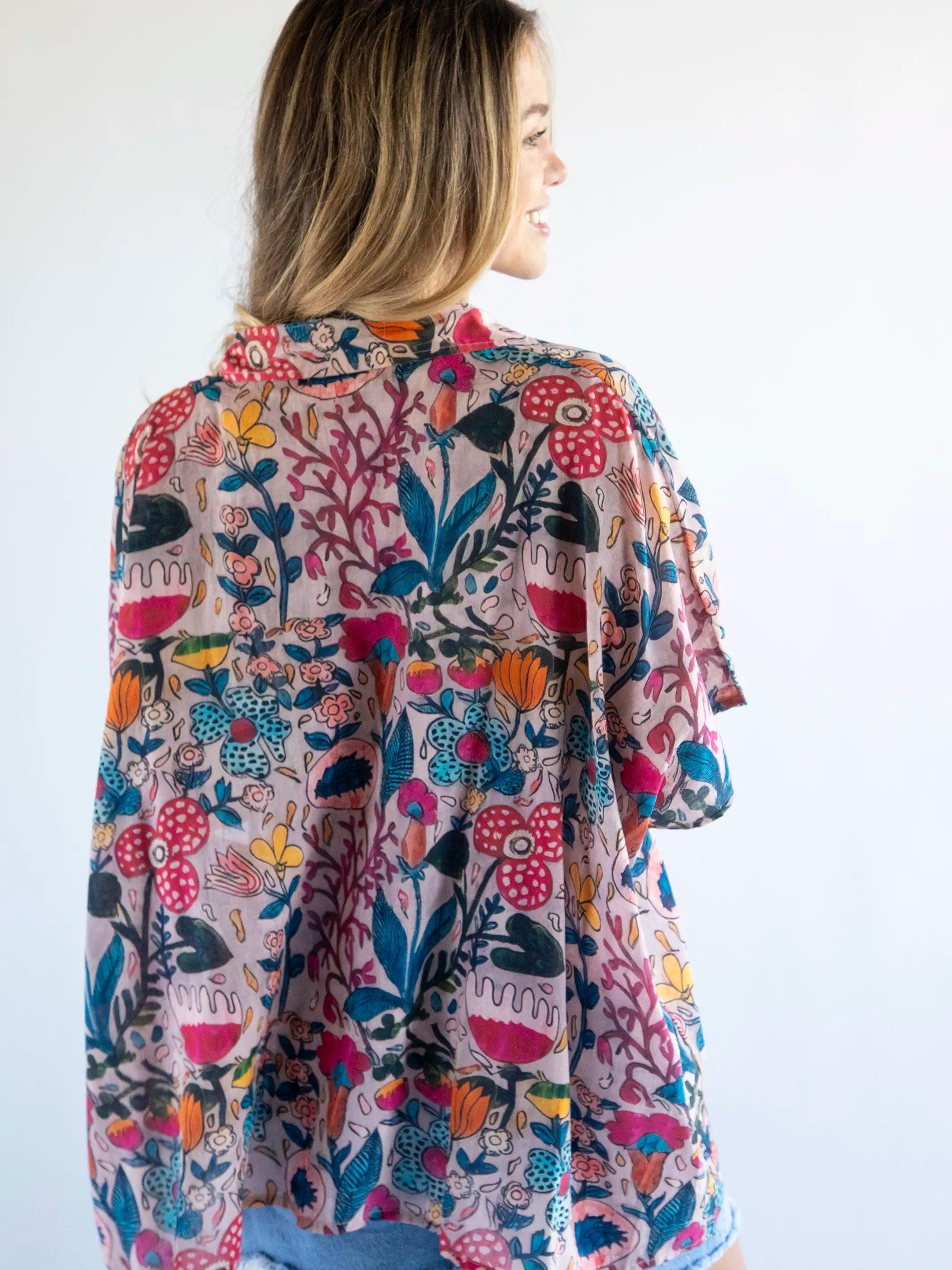 Kelly Oversized Cotton Button Down - Light Pink Multi Floral Product Image