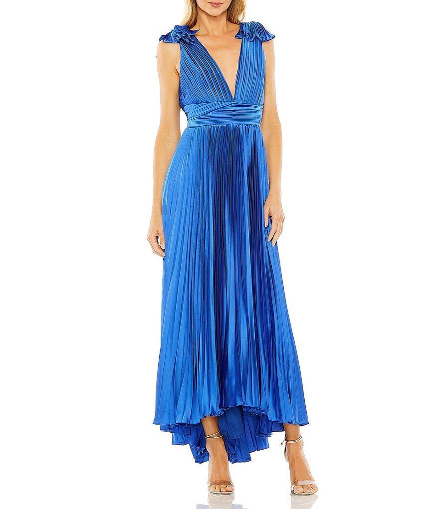 Mac Duggal Pleated Deep V-Neck Sleeveless Shoulder Detail Asymmetrical Hem Gown Product Image