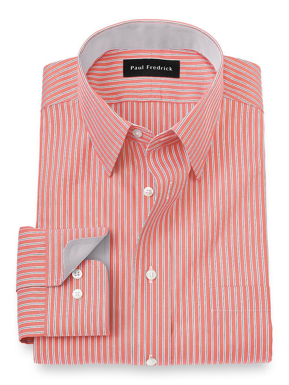 Non-Iron Cotton Stripe Dress Shirt With Contrast Trim - Coral Product Image