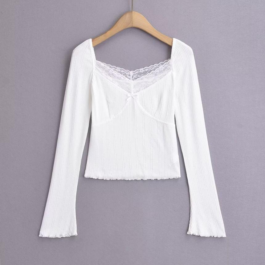 Long-Sleeve V-Neck Plain Lace Panel Bow Accent Slim Fit Crop Tee Product Image