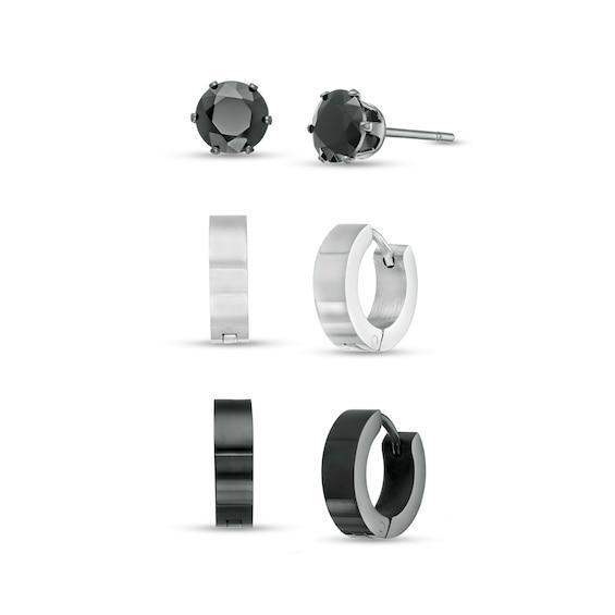 Men's 6.0mm Black Spinel Solitaire Stud and Huggie Hoop Earrings Set in Stainless Steel and Black Ion-Plate Product Image