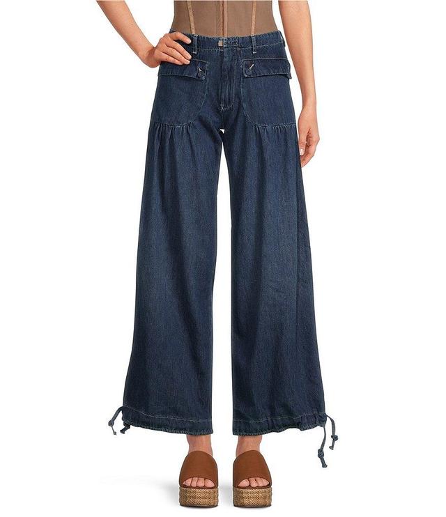 Free People Lotus Mid Rise Cinched-Tie Wide Leg Banded Ankle Jeans Product Image