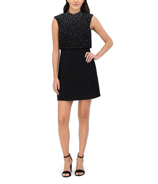 Eliza J Stretch Crepe Mock Neck Sleeveless Beaded A-Line Pop Over Dress Product Image