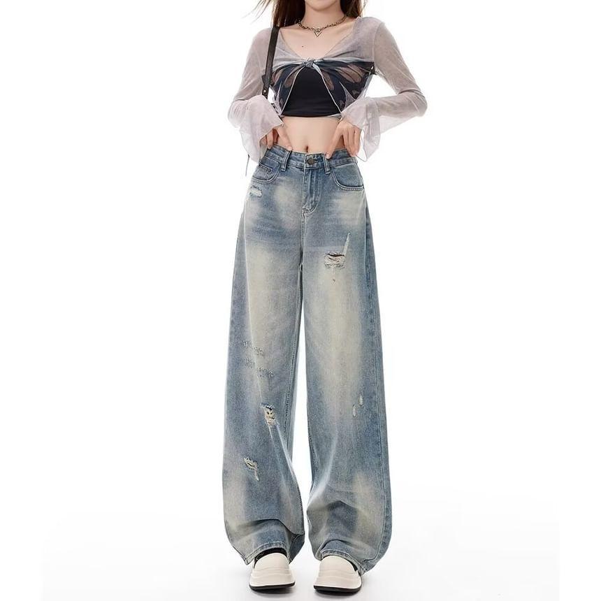 High Waist Distressed Washed Wide Leg Jeans Product Image