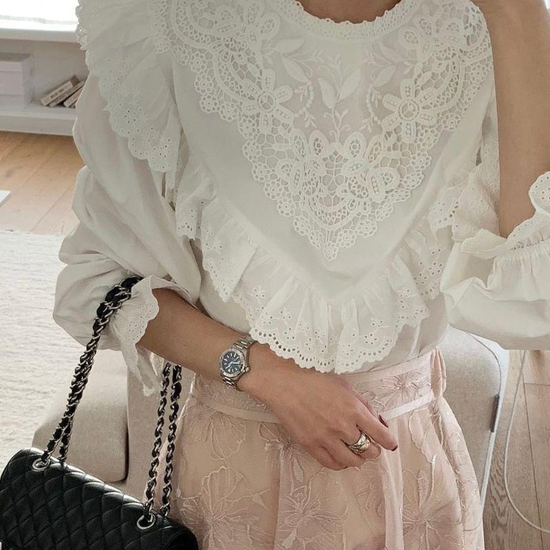 Long-Sleeve Lace Asymmetrical Plain Blouse Product Image