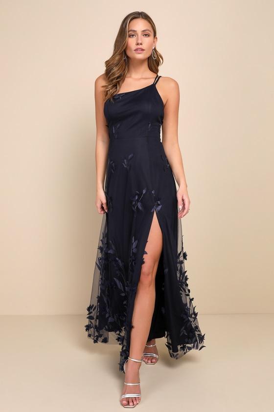 Regal Poise Navy Blue 3D Floral Applique One-Shoulder Maxi Dress Product Image