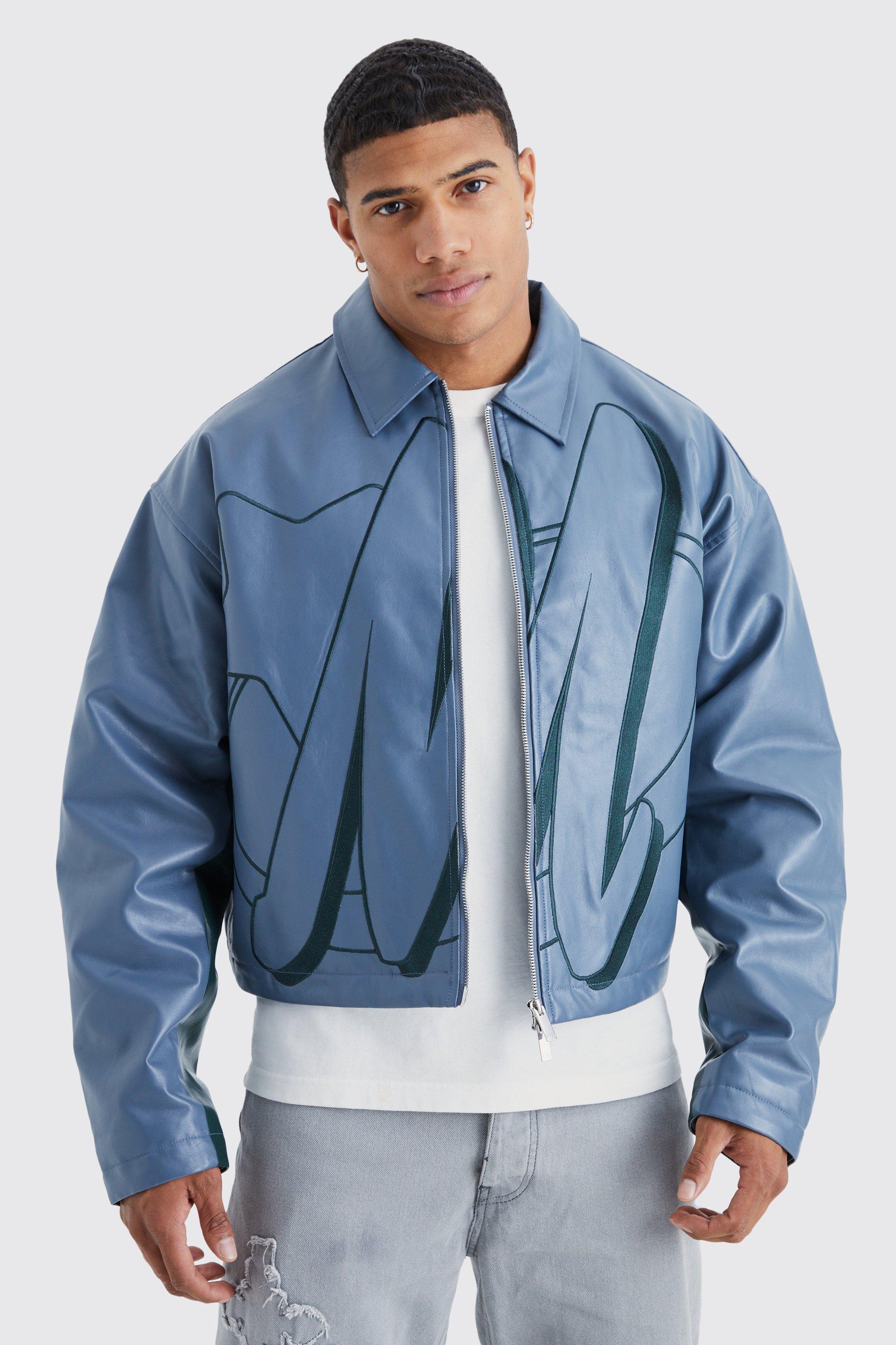 Boxy Pu Contrast Embroidery Bomber | boohooMAN USA Product Image