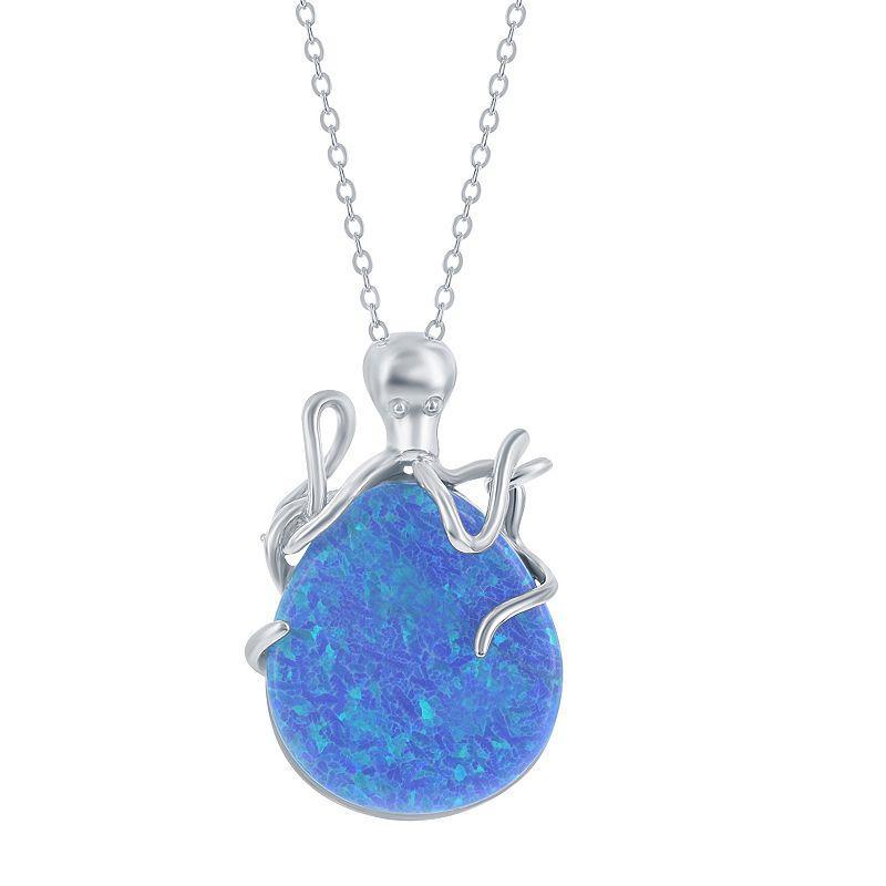 Sterling Silver Lab-Created Blue Opal Octopus Pendant Necklace, Womens Product Image