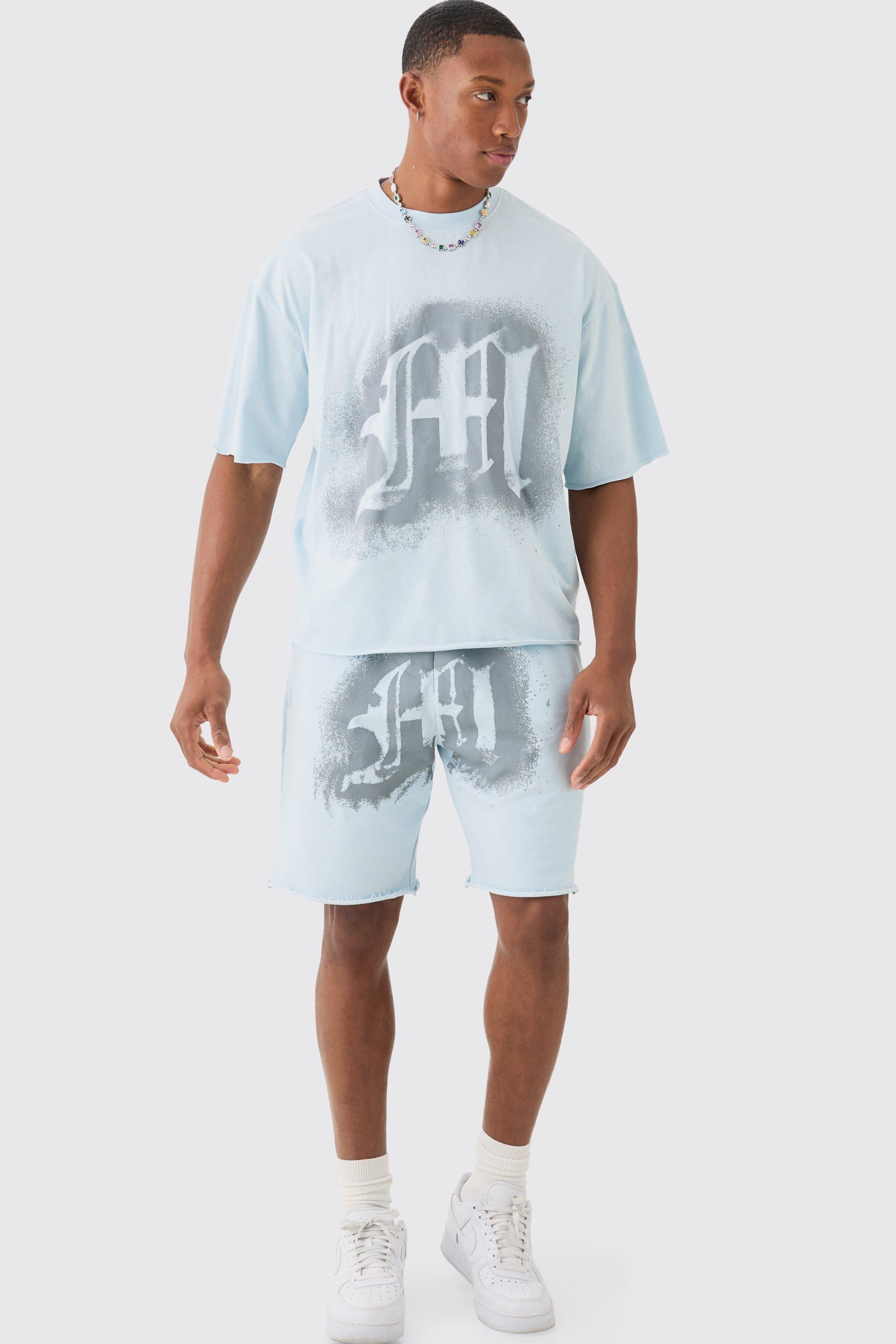 Mens Blue Oversized Boxy Graffiti Spray Graphic Raw Hem T-shirt Set, Blue Product Image