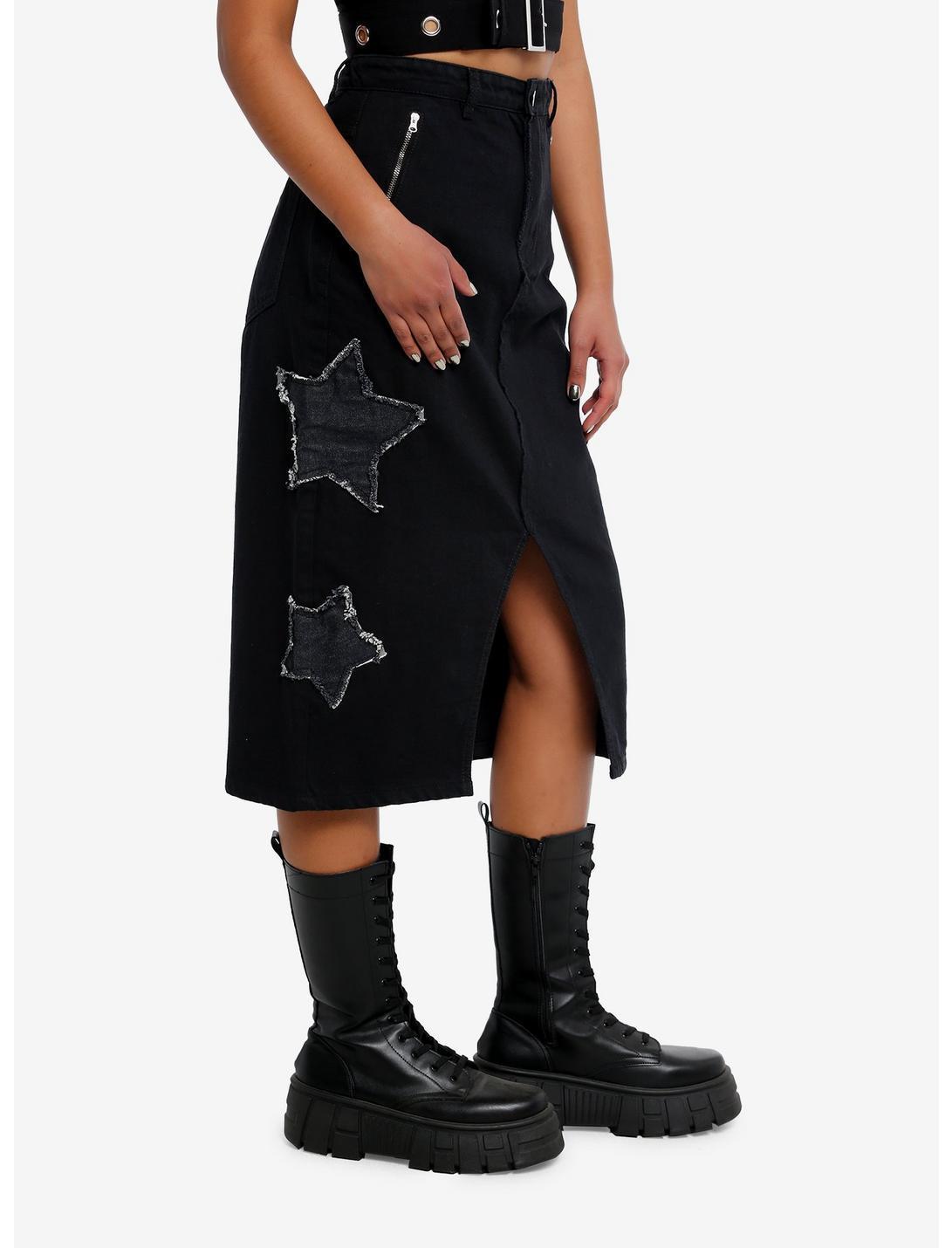 Daisy Street Star Patch Black Denim Midi Skirt Product Image