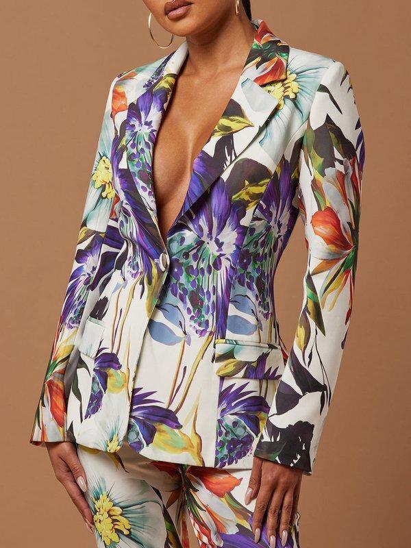 Long Sleeves Floral Printed Split-Joint Lapel Blazer Suit Outerwear Product Image