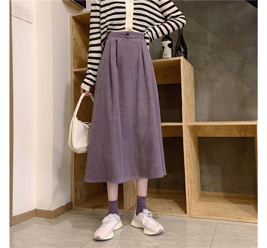 High-Waist Corduroy A-Line Midi Skirt Product Image