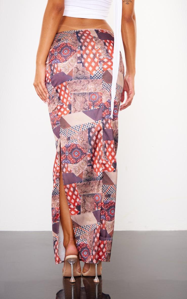 Brown Tie Dye Printed Satin Low Rise Maxi Skirt Product Image