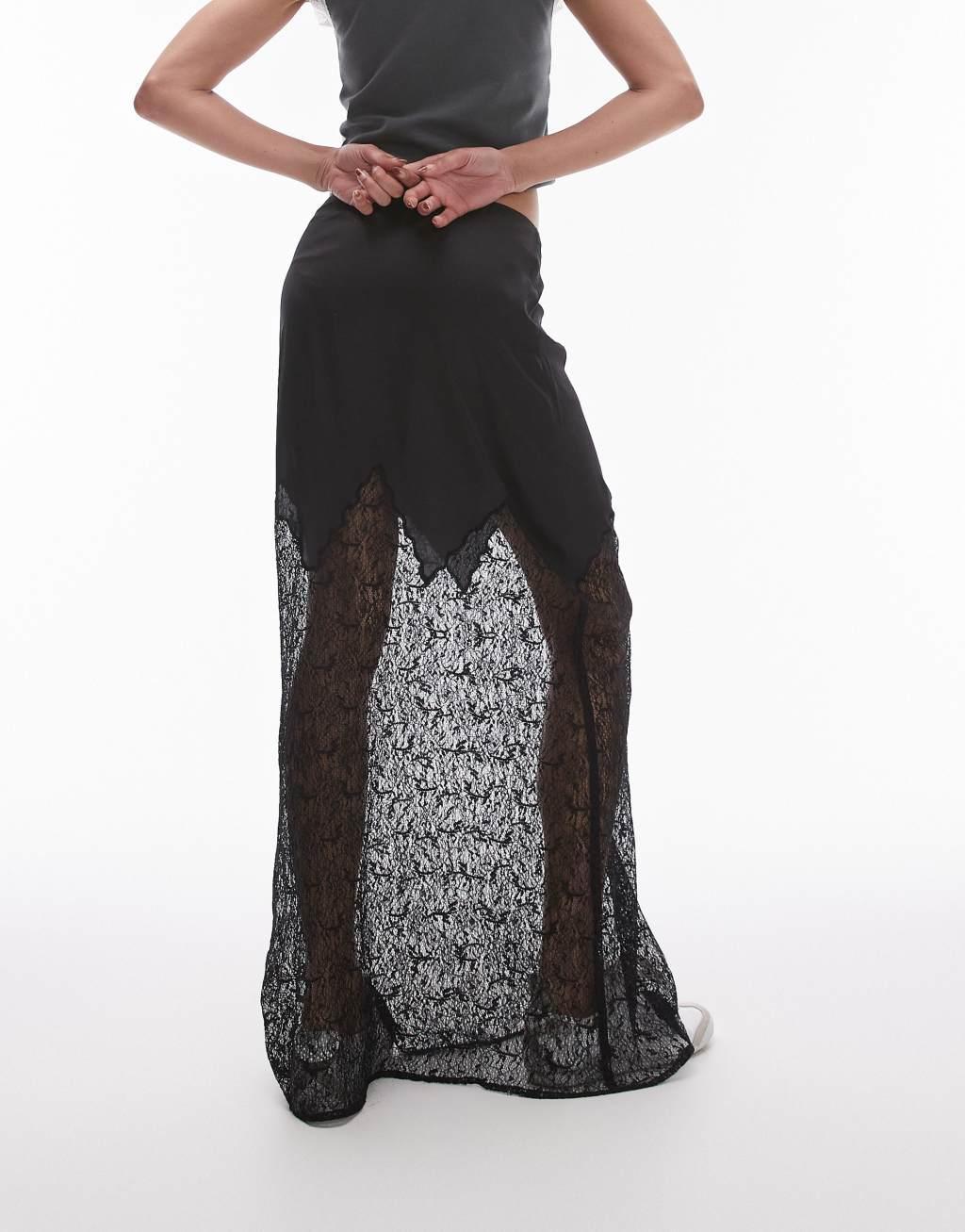 Topshop satin lace mix maxi skirt in black Product Image