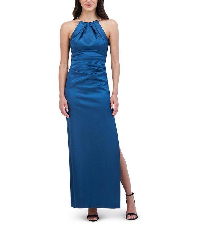 Eliza J Satin Round Halter Neck Sleeveless Pleated Column Gown Product Image