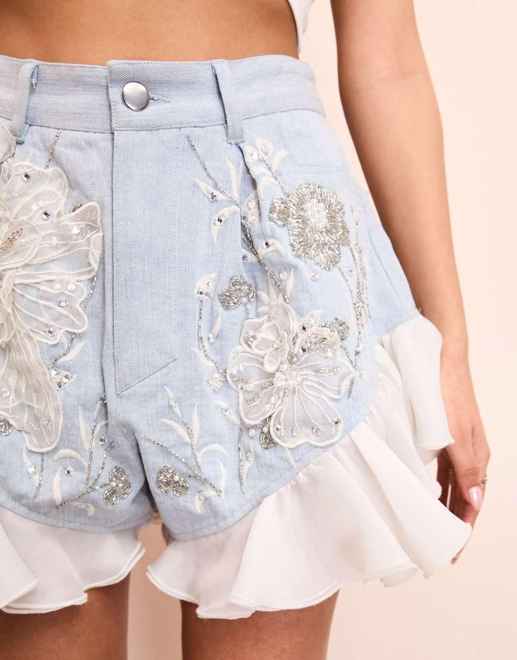 ASOS LUXE embellished denim shorts with organza trim in mid wash blue Product Image